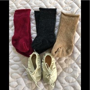 Cozy socks and cream colored fringe shoes
